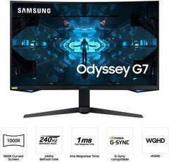 SAMSUNG 32” Odyssey G7 Series WQHD (2560x1440) Curved Gaming Monitor, 240Hz, 1ms, HDMI, G-Sync, FreeSync Premium Pro, LC32G75TQSNXZA